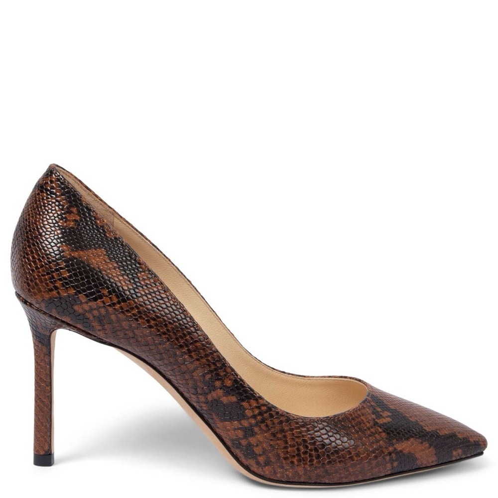 EUC JIMMY CHOO brown FAUX SNAKE ROMY 85 Pointed Toe Pumps